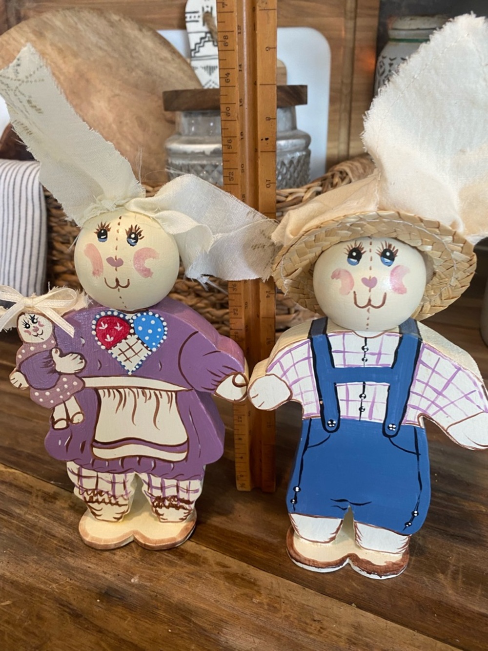Pair of hand painted freestanding bunnies. Cottagecore/Grandmacore